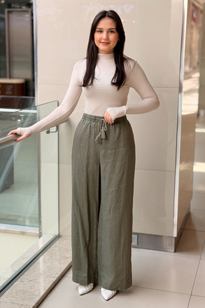 Fuat Gürşen Beli İpli Lastikli Astarlı Keten Pantolon
