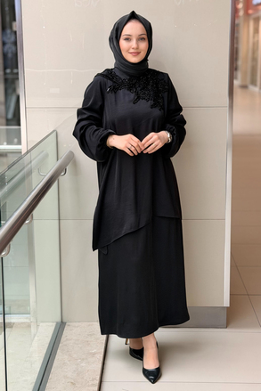 Nurcan Çetin Heddy Yakası Çiçek Boncuk İşlemeli Tunik Etek Takım