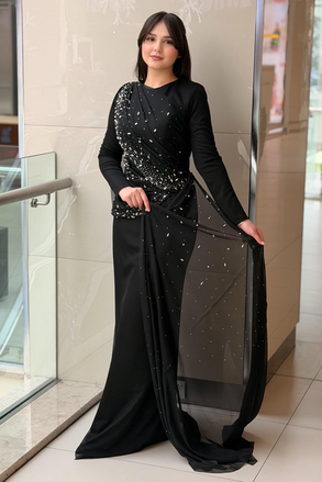 Fashion Night Drapeli Taş İşlemeli Tül Abiye Elbise