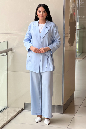 Mahal Casual Kruvaze Yaka Bel Bağlı Cepli Ceket Pantolon Takım