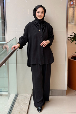 Ghisa Kendinden Desenli Büzgü Yaka Tunik Pantolon Takım