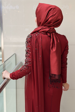 Fashion Night Kolları Taşlı Şifon Tül Abiye Elbise
