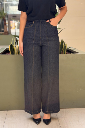 Ceremony Önü Boydan Kesikli Örme Denim Pantalon