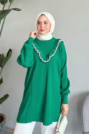 Fırfırlı Dikiş Detay Yeşil Triko Kazak