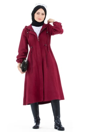 Waist Tunnel Woolen Coat-Maroon