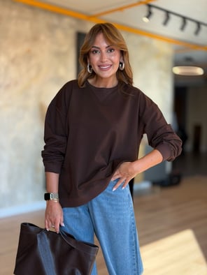 Bisiklet Yaka Kahve Oversize Yan Yırtmaçlı Sweatshirt
