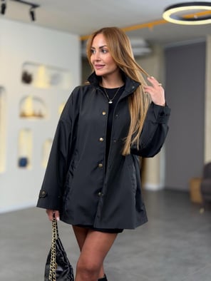 Çıtçıtlı Astarlı Siyah Trenç Mont