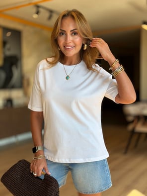 Dilvin Bisiklet Yaka Beyaz Pamuk Tshirt