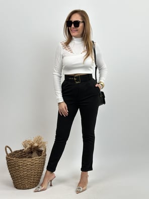 Double Paça Kemerli Siyah Pantolon