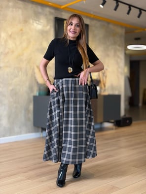 Kaşe Füme Ekoseli Kloş Etek