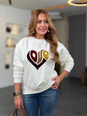 Love Baskılı Ekru Pamuk Sweatshirt