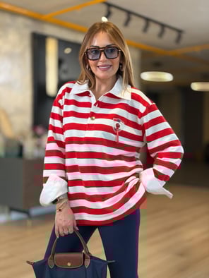 Polo Yaka Kırmızı Beyaz Çizgili Armalı Sweatshirt