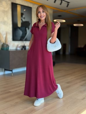 Polo Yaka Vişne Uzun Basic Elbise