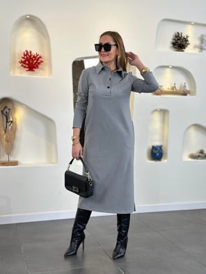 Polo Yaka Yan Yırtmaçlı Gri Elbise
