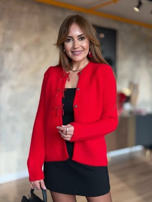 Premium Doku İnci Fiyonklu Kırmızı Hırka