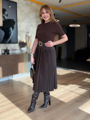 Premium Yan Fermuarlı Kemerli Pileli Kahve Etek