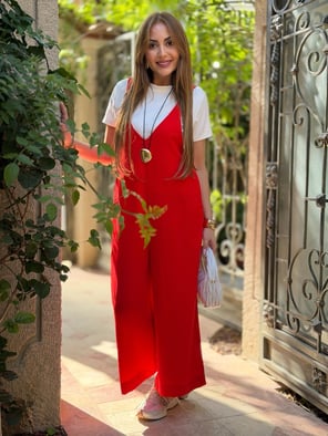 V Yaka Askılı Nar Çiçeği Salaş Tulum