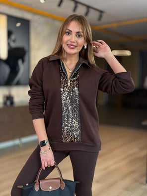 Yaka Fermuarlı Payetli Kahve Sweatshirt