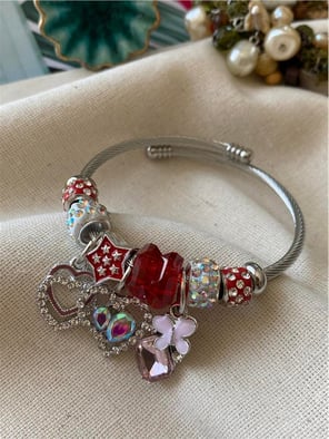 Çelik Kırmızı Pembe Taşlı Charm Bileklik