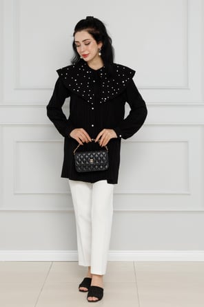 Wide Collar Pearl Tunic-Black color