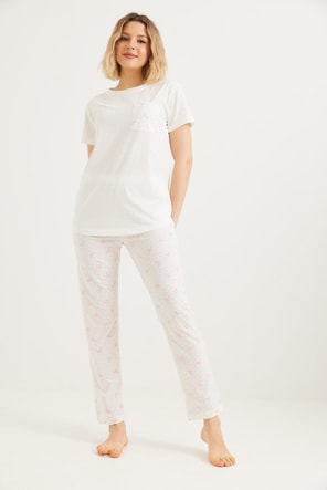 Baskılı Kısa Kol Pijama Takım Beyaz