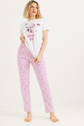 Baskılı Kısa Kol Pijama Takım Beyaz