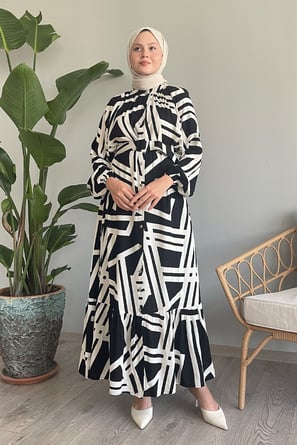 Striped Belted Black Viscose Dress