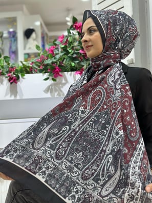 Şal Rüyası Desenli Pamuklu Şal Bordo-Gri Rengi