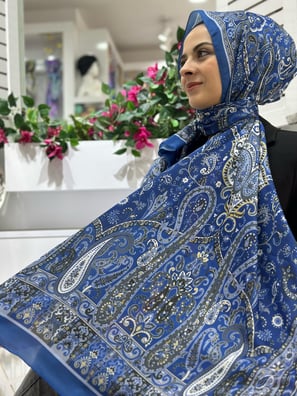 Şal Rüyası Desenli Pamuklu Şal Lacivert Rengi