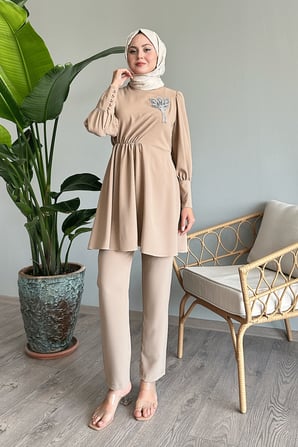 Half Gathered Beige Two-Piece Set