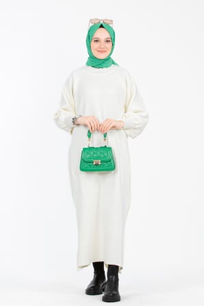 Balloon Sleeved Tricot Dress White
