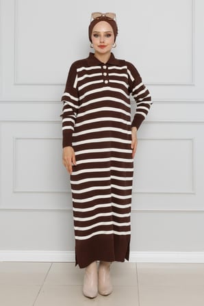 Polo Striped Knit Dress-brown color