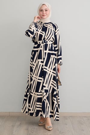 Striped Belted Beige Viscose Dress