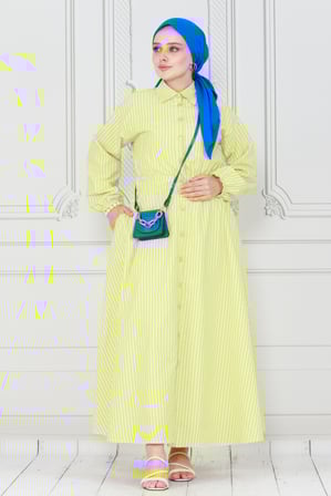 Buttoned Striped Dress-Yellow color