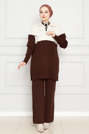 Detailed Knitwear Suit-brown color