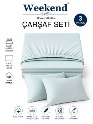 Weekend Çift Kişilik %100 Pamuk Ranforce Lastikli Çarşaf Seti – 160X200 Cm Açık Mavi