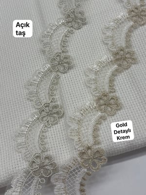 İnce Fransız Güpürü Kemerli Papatya Desen (Top) Gold Detaylı Krem 