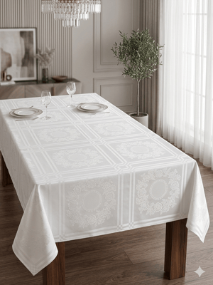 Kareli Coco Desen İşlenebilir Etamin Boşluklu Masa Örtüsü 140x240 cm – Leke Tutmaz Hazır Masa Örtüsü Krem