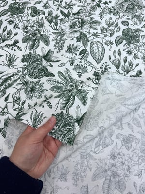 Vintage Bahar Çiçekler Desenli Duck Bezi Kumaş Zümrüt Yeşili