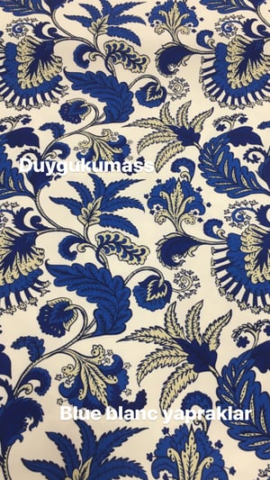 Blue Blanc Yapraklar Dijital Desen Kumaş