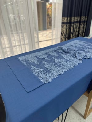 Güpür Kumaş Hazır Runner Ve Masa Örtüsü Seti DGR75 İndigo Mavi