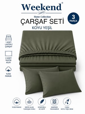 Weekend Çift Kişilik %100 Pamuk Ranforce Lastikli Çarşaf Seti – 160X200 Cm Koyu Yeşil
