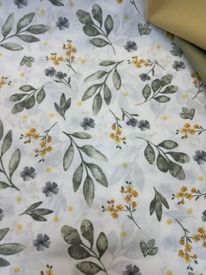 Sarı Ve Gri Mini Çiçek Detaylı Yaprak Desen Akfil Kumaş D755