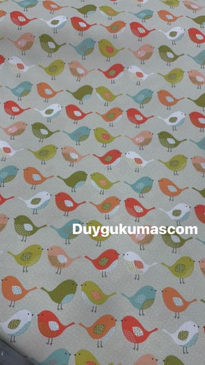 Turuncu Yeşil Kuşlar Desenli İthal Duck Keteni