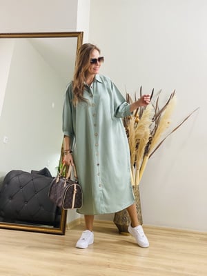 Ahşap Düğmeli Mint Gömlek Elbise