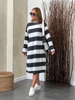 Antrasit Beyaz Çizgili Oversize Merserize Elbise