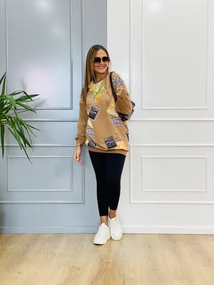 Baskılı Taşlı Taba Sweatshirt