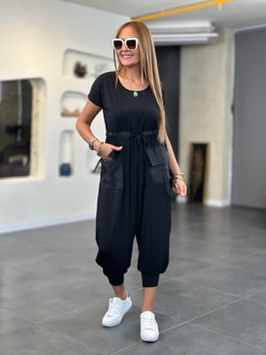 Bel Büzgülü Ön Cepli Siyah Şalvar Tulum