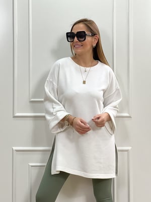 Beyaz Basic Yırtmaçlı Sweatshirt