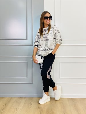 Beyaz Gazete Baskılı Sweatshirt